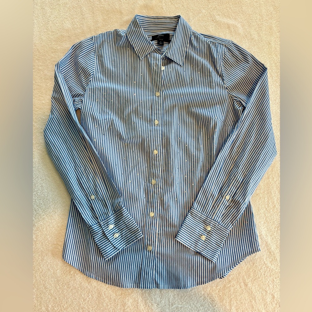 J.Crew Women’s Blue White Pinstriped Rhinestone Button-Up Blouse Size 4 EUC